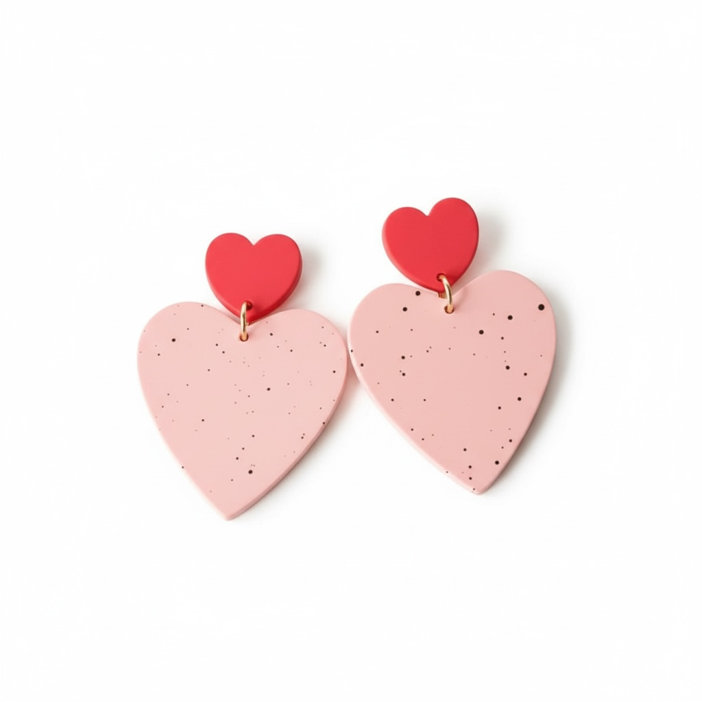 Red + Pink Speckled Clay Drop Heart Earrings