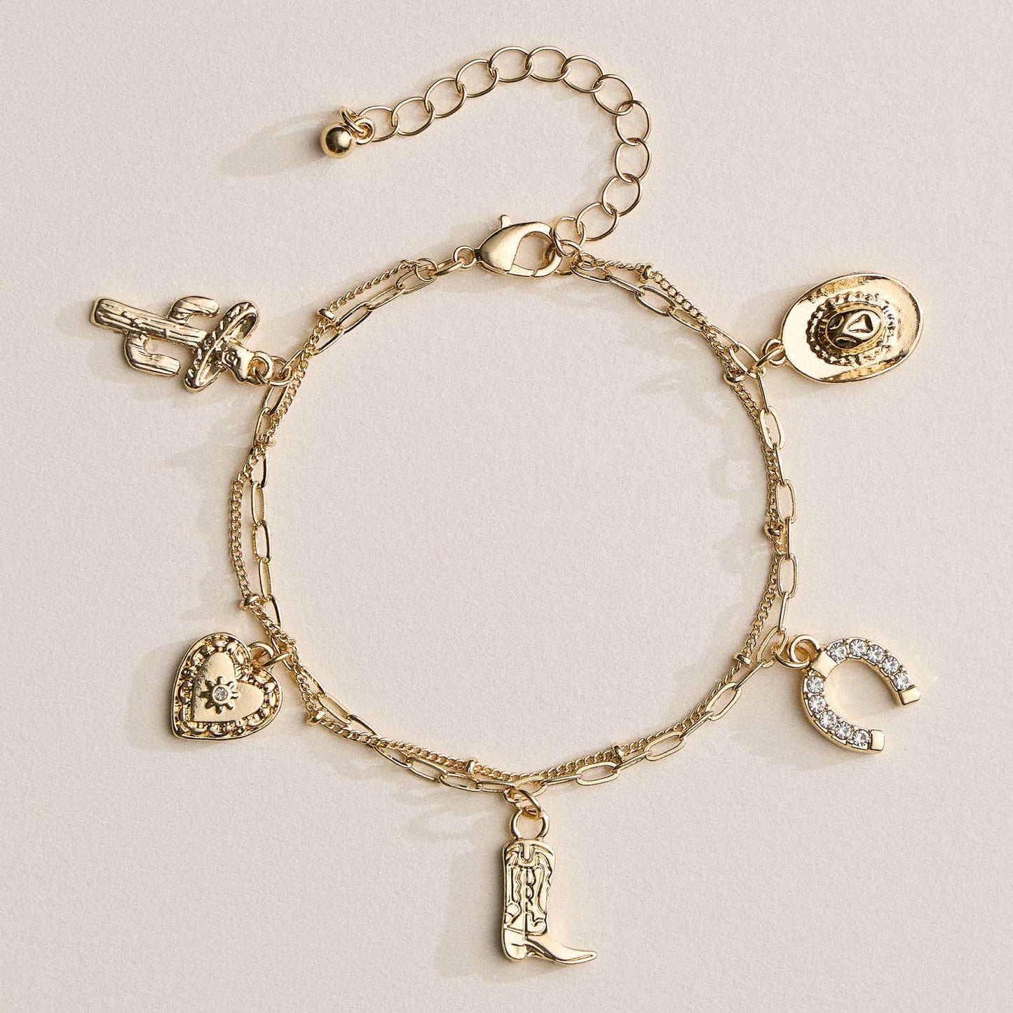 Silver Western Charm Bracelet – Cowboy Boot, Hat, Horseshoe, Cactus and Heart Charms