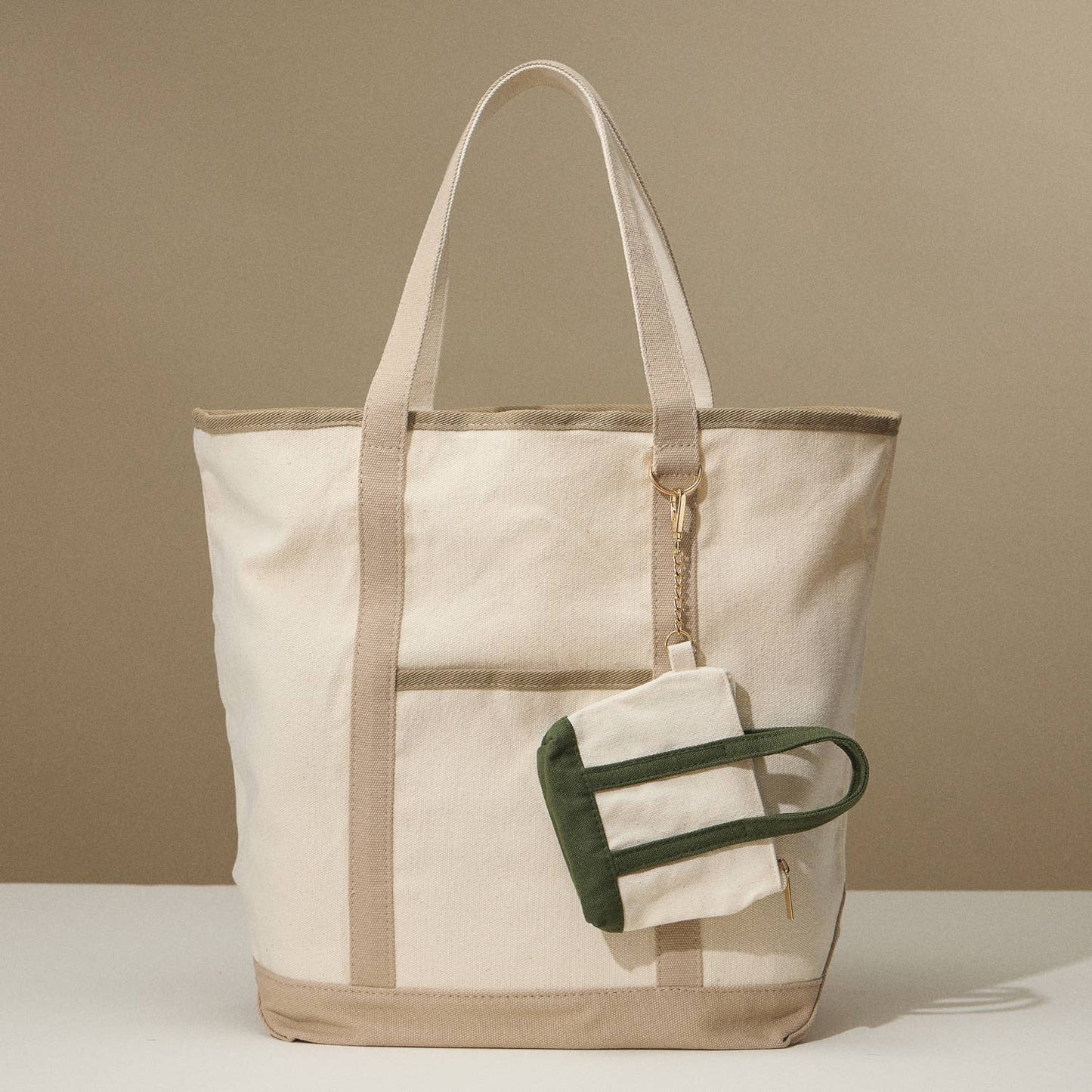Ecofriendly Cotton Canvas Carry Tote with Charm Holder: Stone / One size