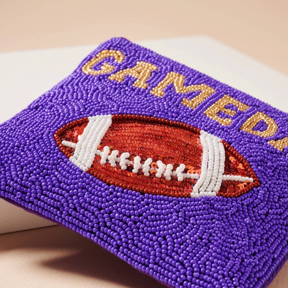 Beaded Game Day Football Mini Pouch: Purple + Gold
