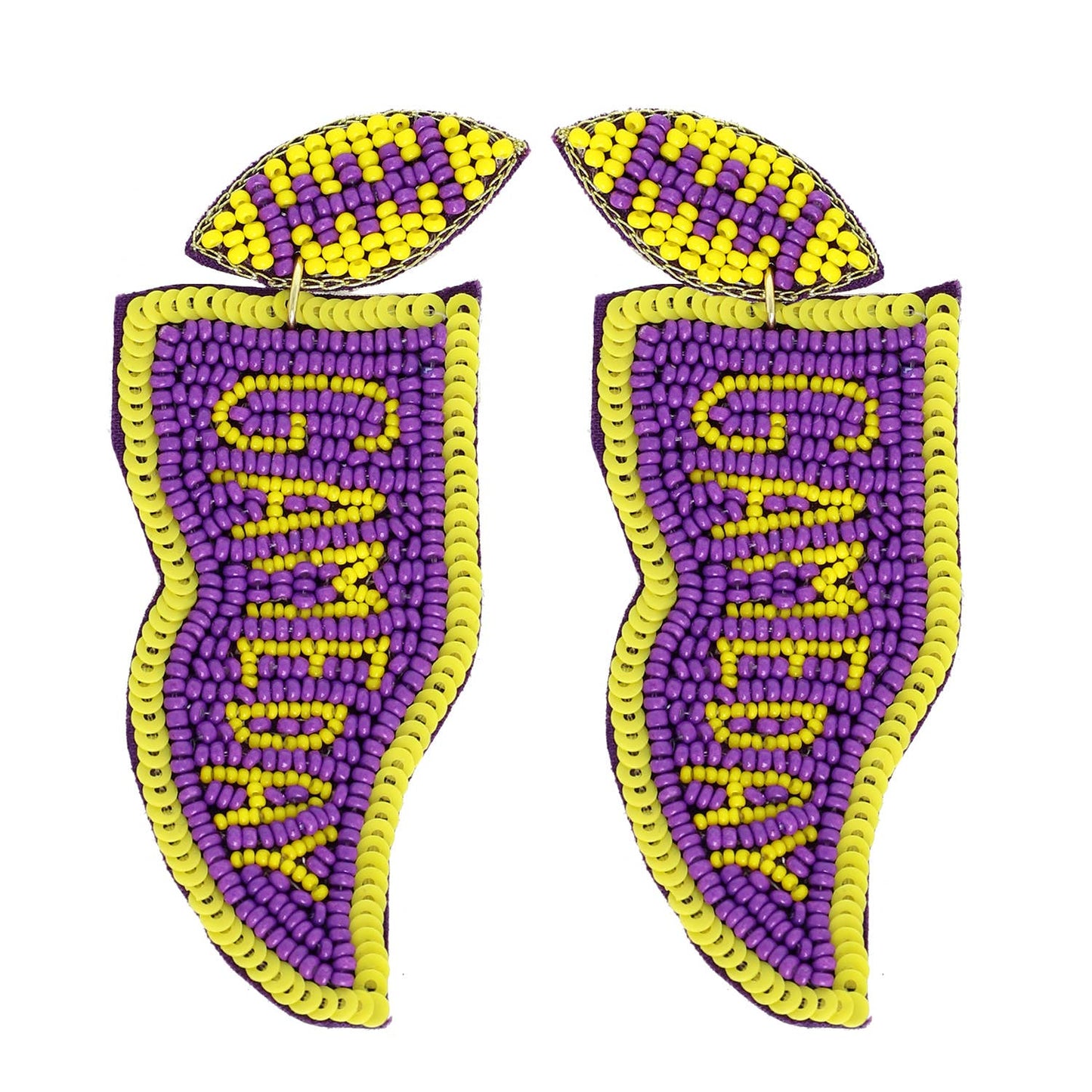 Game Day Letter Beaded Sequins Flag Post Earrings : Purple + Gold