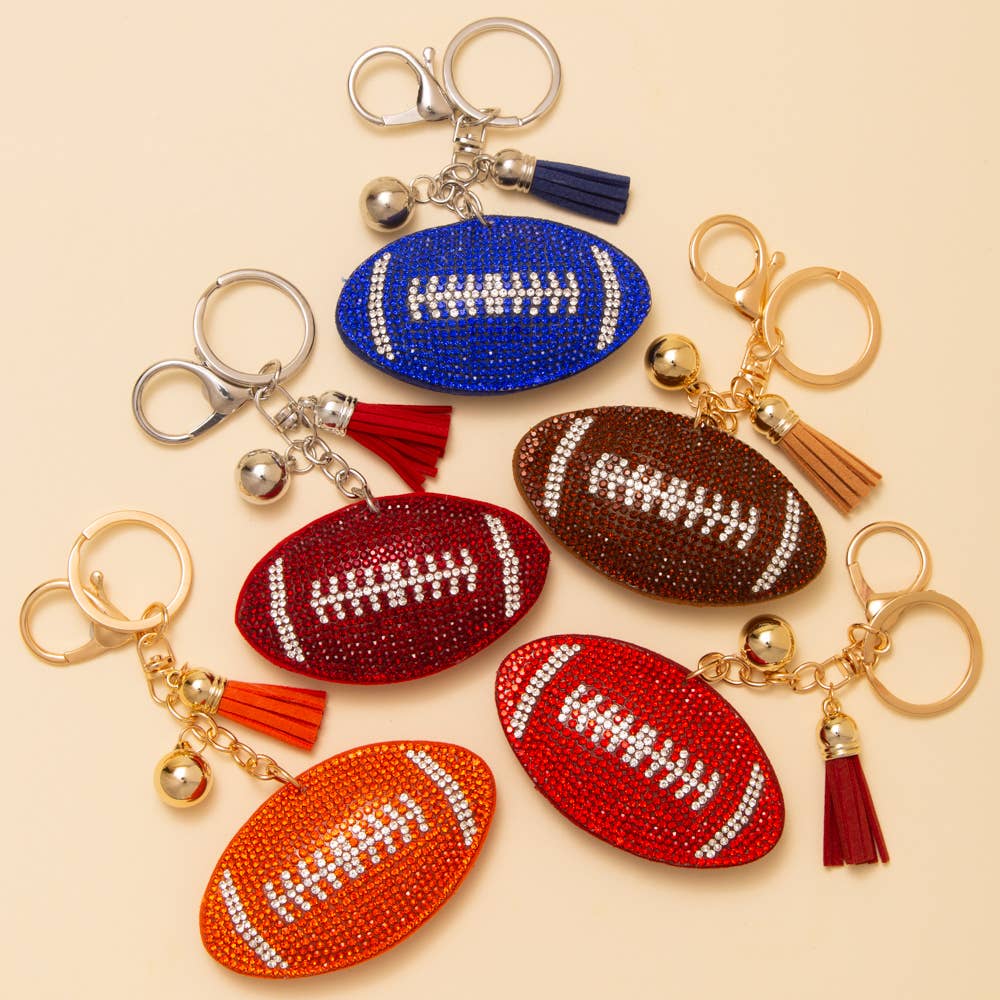 Gameday Rhinestone Pave Tassel Football Keychain: Purple + Gold
