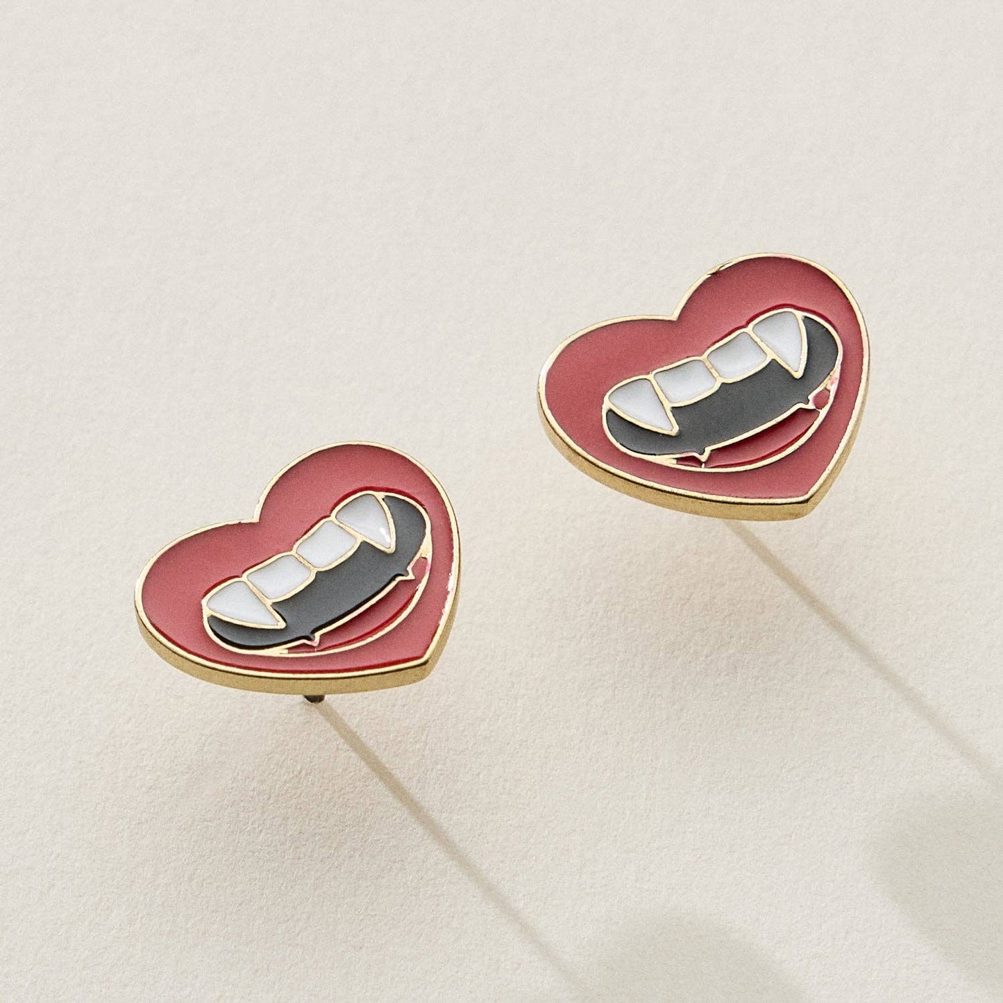 Heart Stud Earrings with Vampire Fangs
