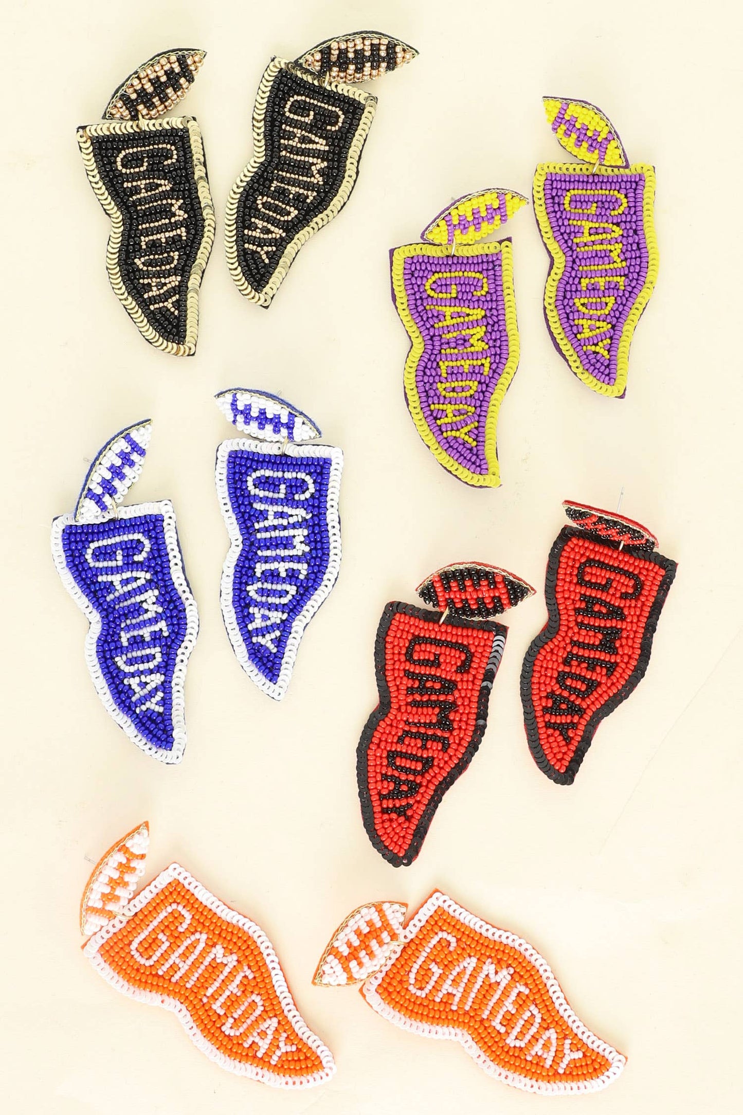 Game Day Letter Beaded Sequins Flag Post Earrings : Purple + Gold