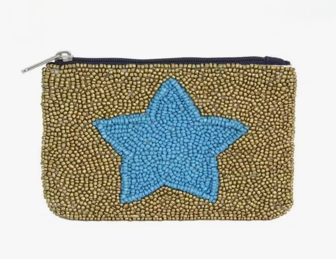 Gold + Blue Large Beaded Coin Purse/Pouch