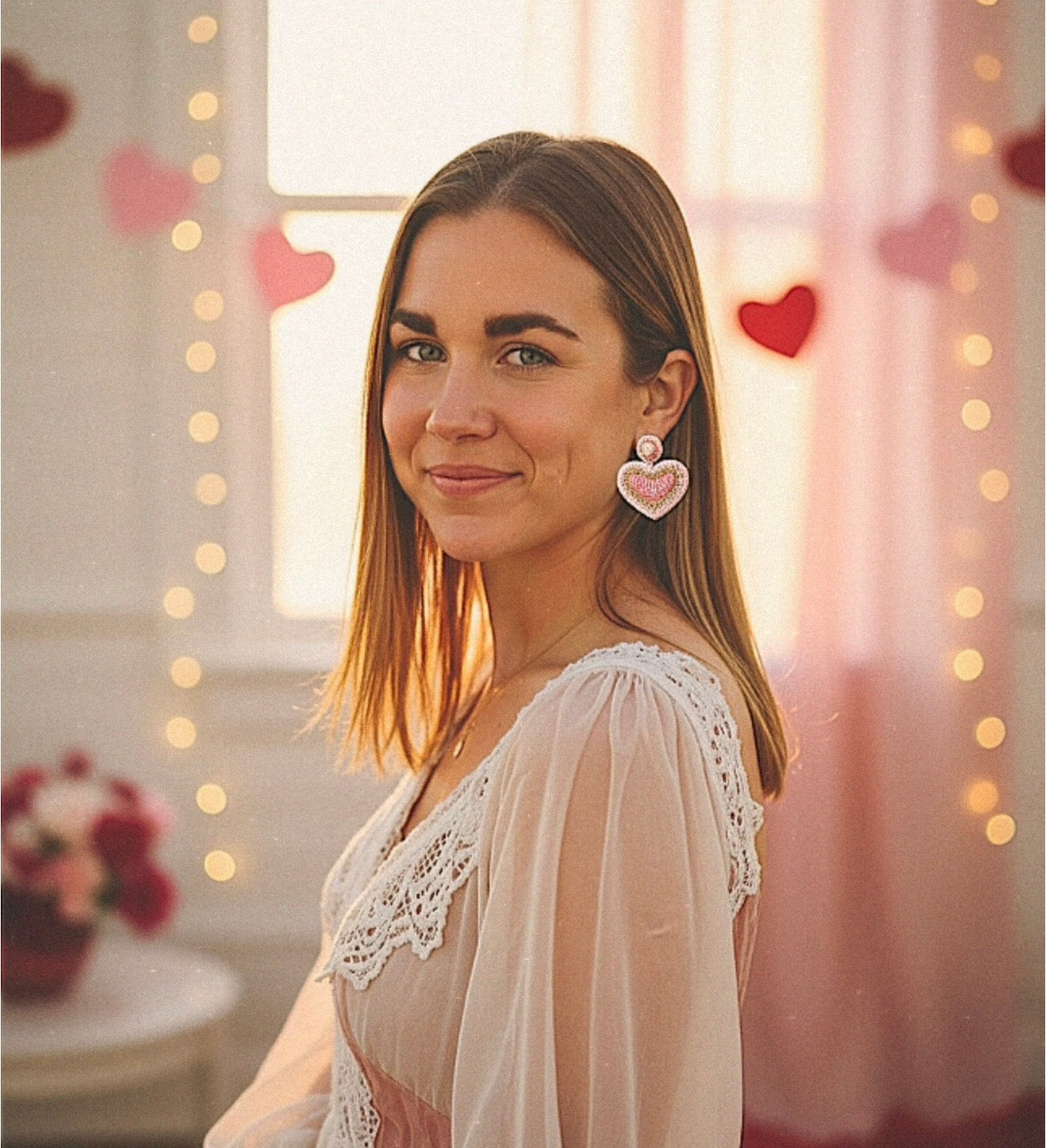 Pink Beaded Heart Drop Earrings