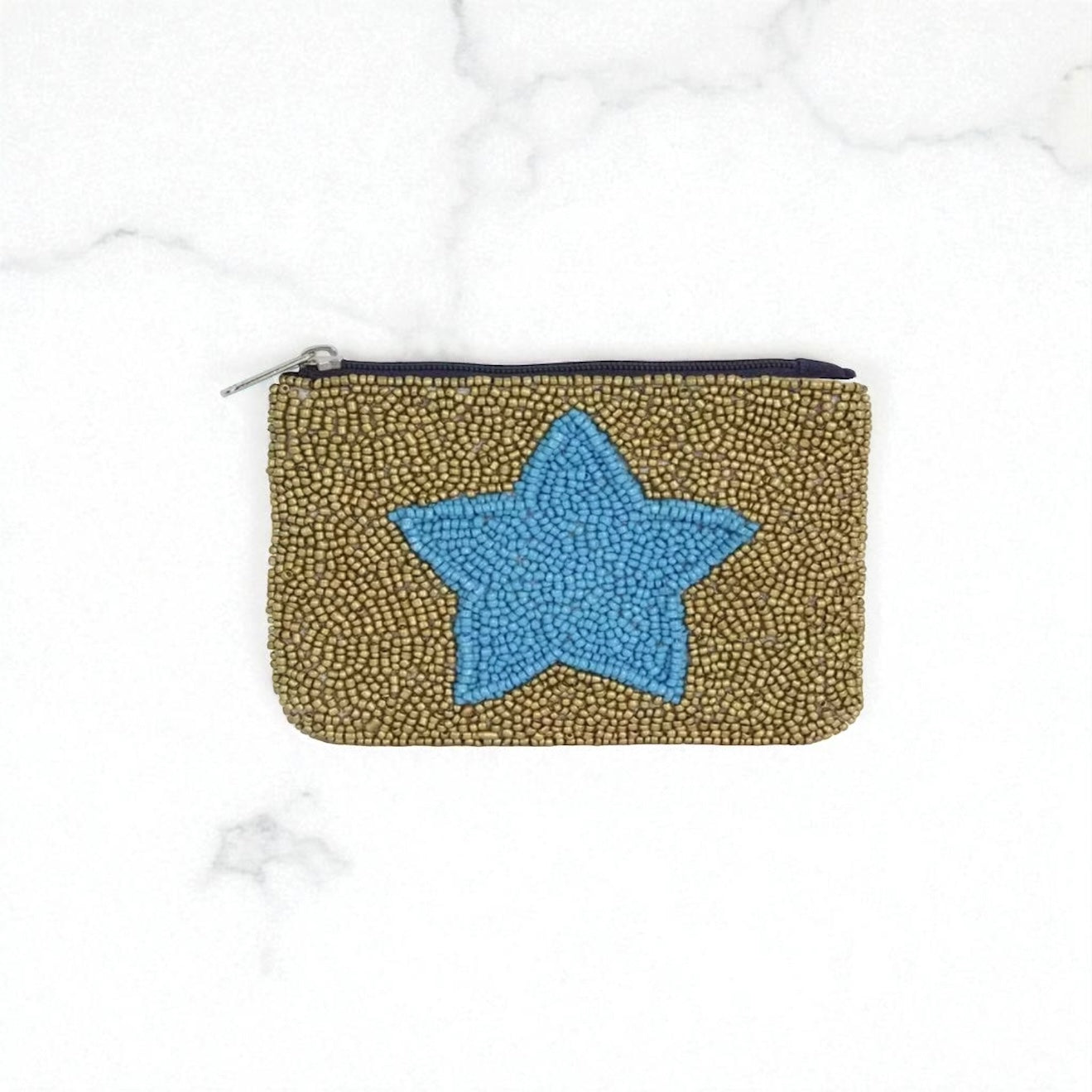 Gold + Blue Large Beaded Coin Purse/Pouch