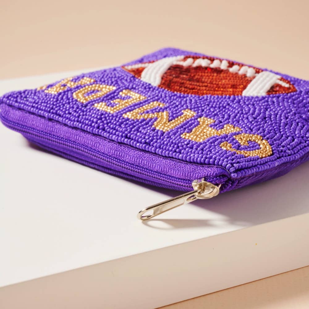 Beaded Game Day Football Mini Pouch: Purple + Gold