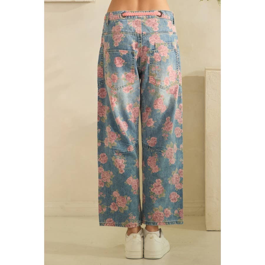 Washed Denim Floral Print Barrel Jeans