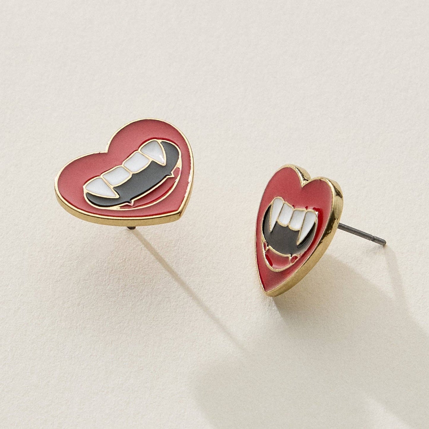 Heart Stud Earrings with Vampire Fangs