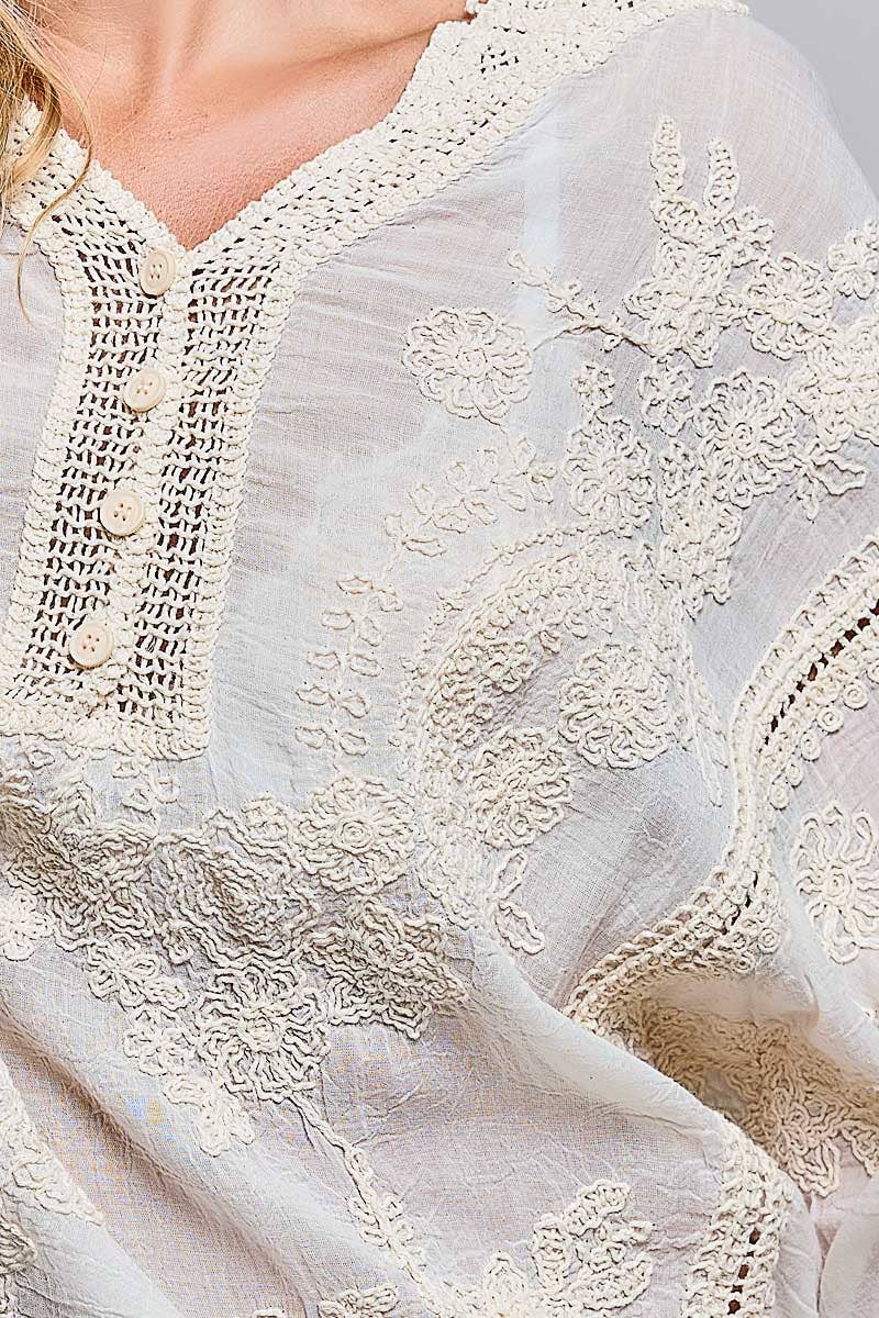 Floral Embroidered Crochet V-Neck Top