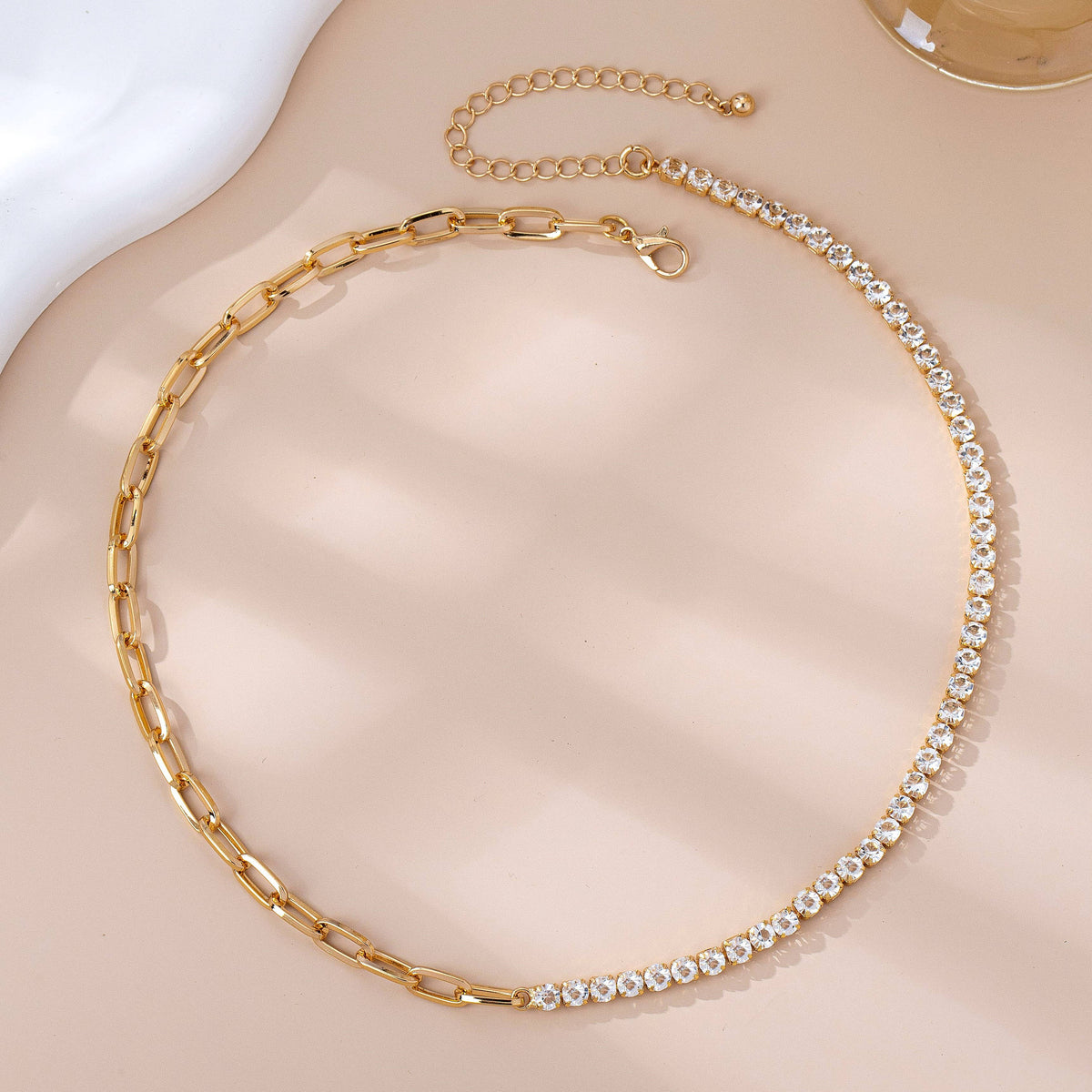 Dual Necklace-Half Rhinestones & Half Link Chain | 80N92669: GOLD