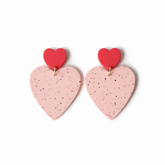 Red + Pink Speckled Clay Drop Heart Earrings
