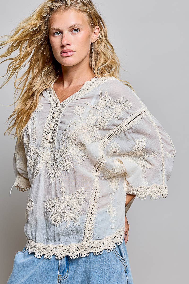 Floral Embroidered Crochet V-Neck Top