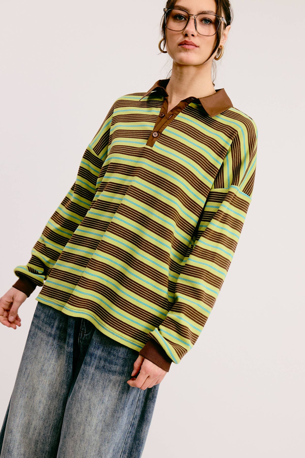 Stripe Oversized Long Sleeve Polo/ LAUREL