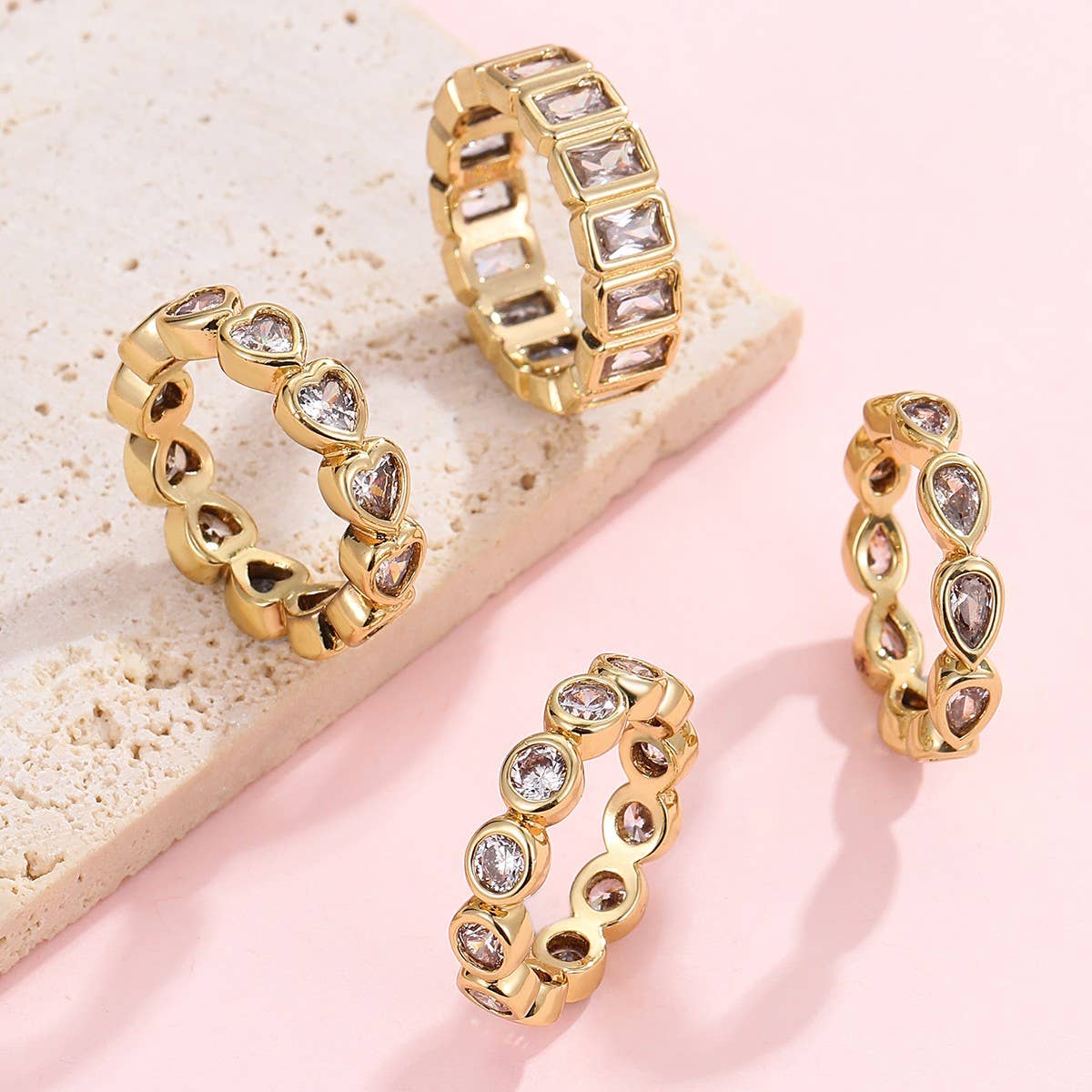 Gold Rhinestone Multi-Shape Eternity Stack Rings | 40R142: ROUND