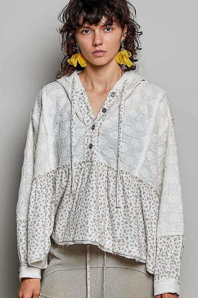 Lace Balloon Sleeve Ruffle Hoodie