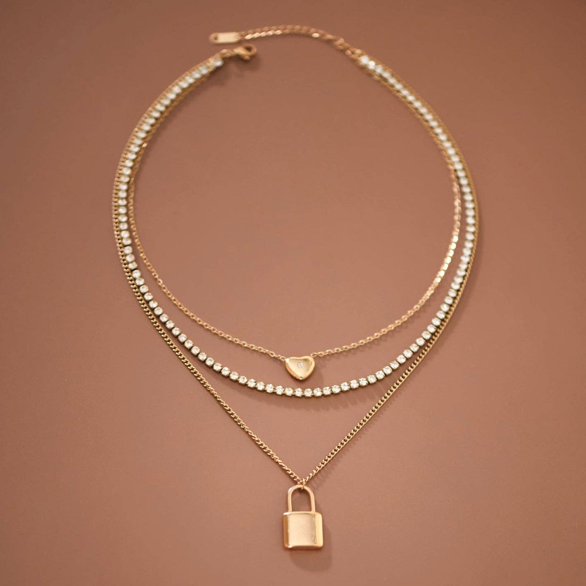 18K Gold PVD Plated Stainless Steel Layered Lock Necklace – 7904: S0OX3T7977