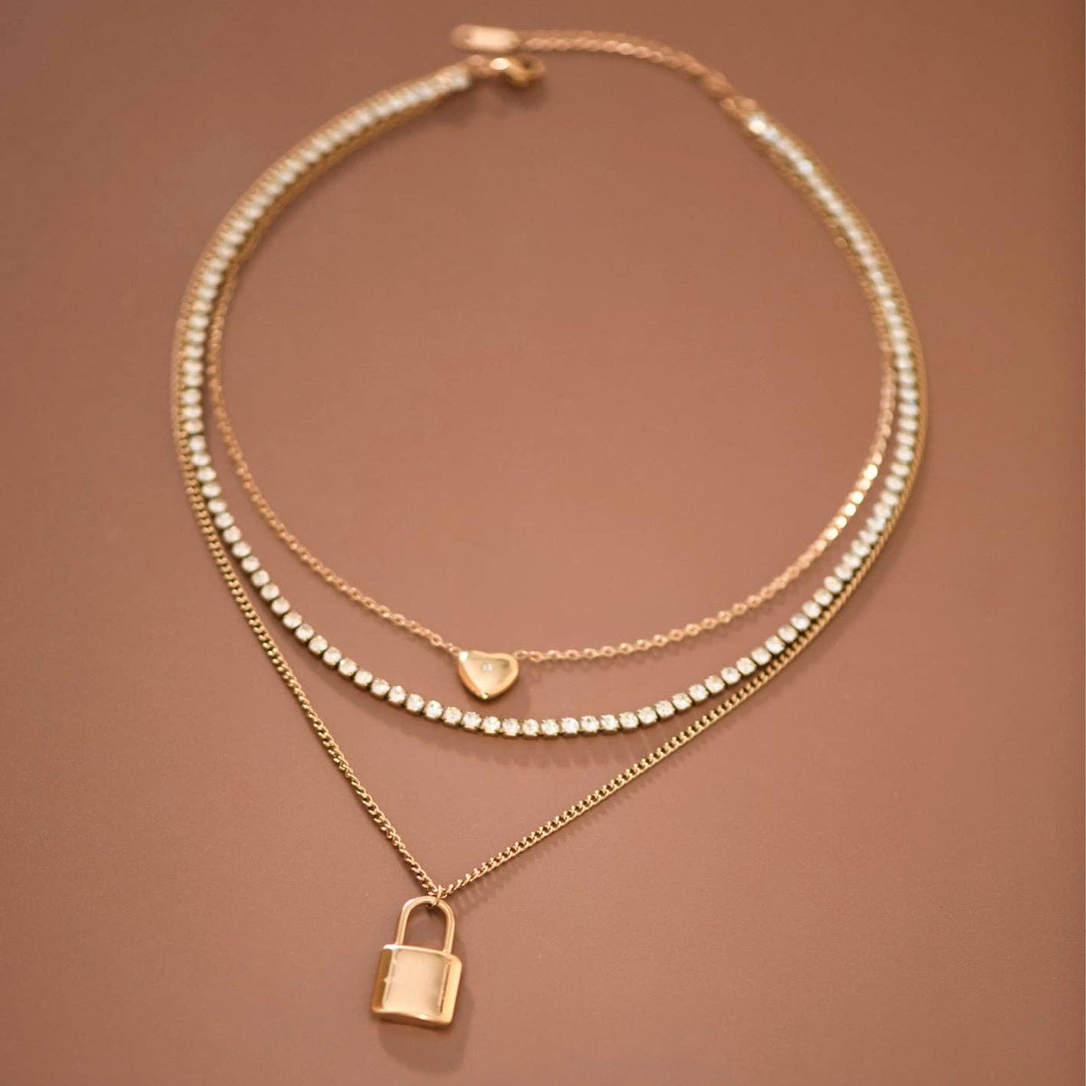 18K Gold PVD Plated Stainless Steel Layered Lock Necklace – 7904: S0OX3T7977
