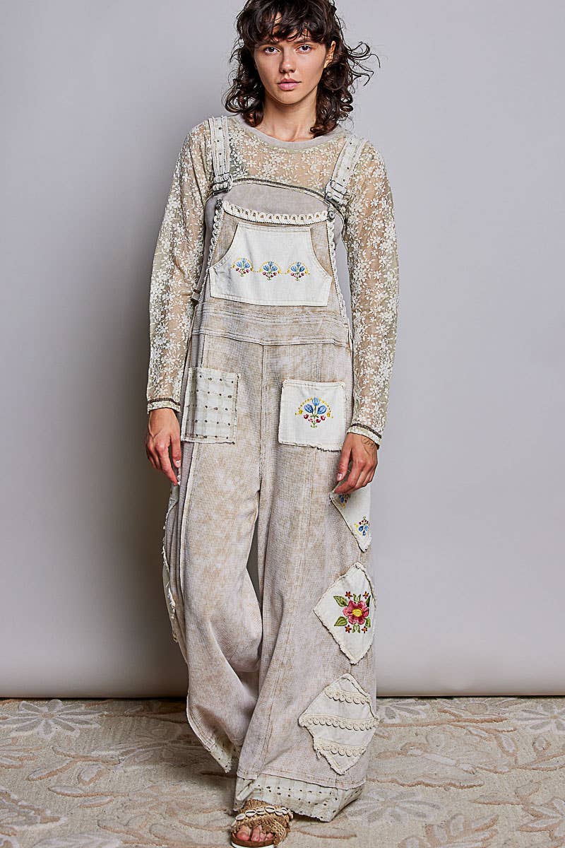 Vintage Embroidered Patchwork Lace Trim Utility Jumpsuit