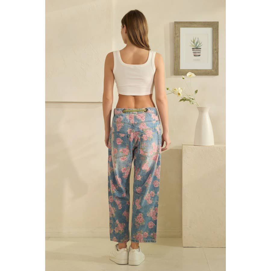 Washed Denim Floral Print Barrel Jeans