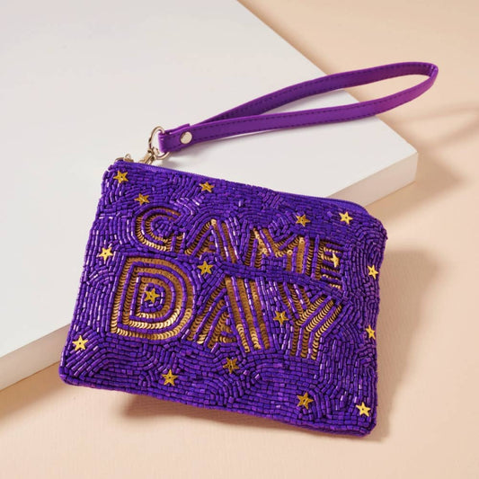 Game Day Stars Seed Beaded Coin Pouch: Purple + Gold