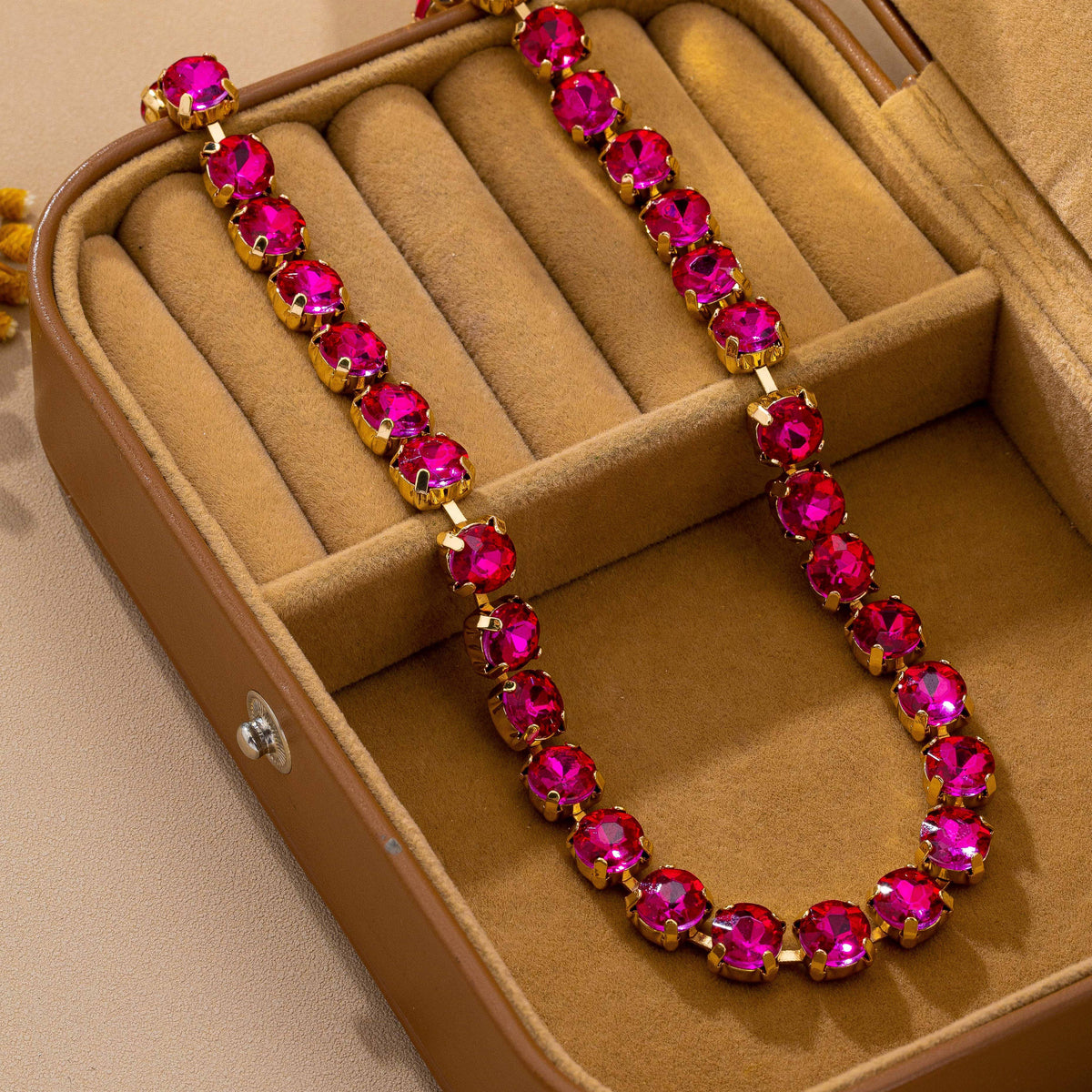 Brass & Multi-Color Glass Crystal Tennis Necklace | 80N93702: FUCHSIA