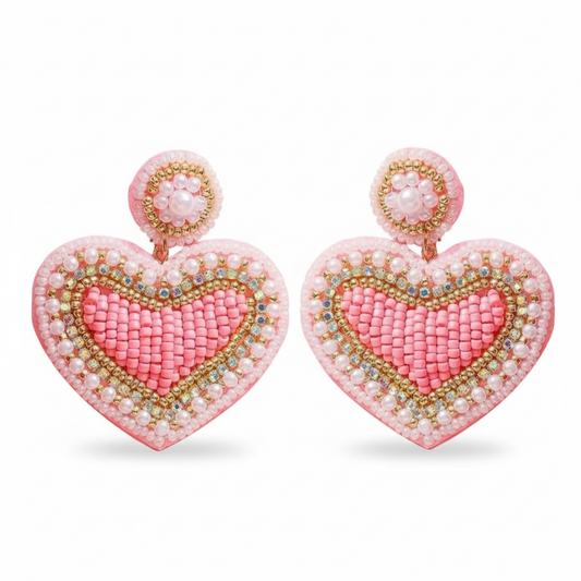 Pink Beaded Heart Drop Earrings