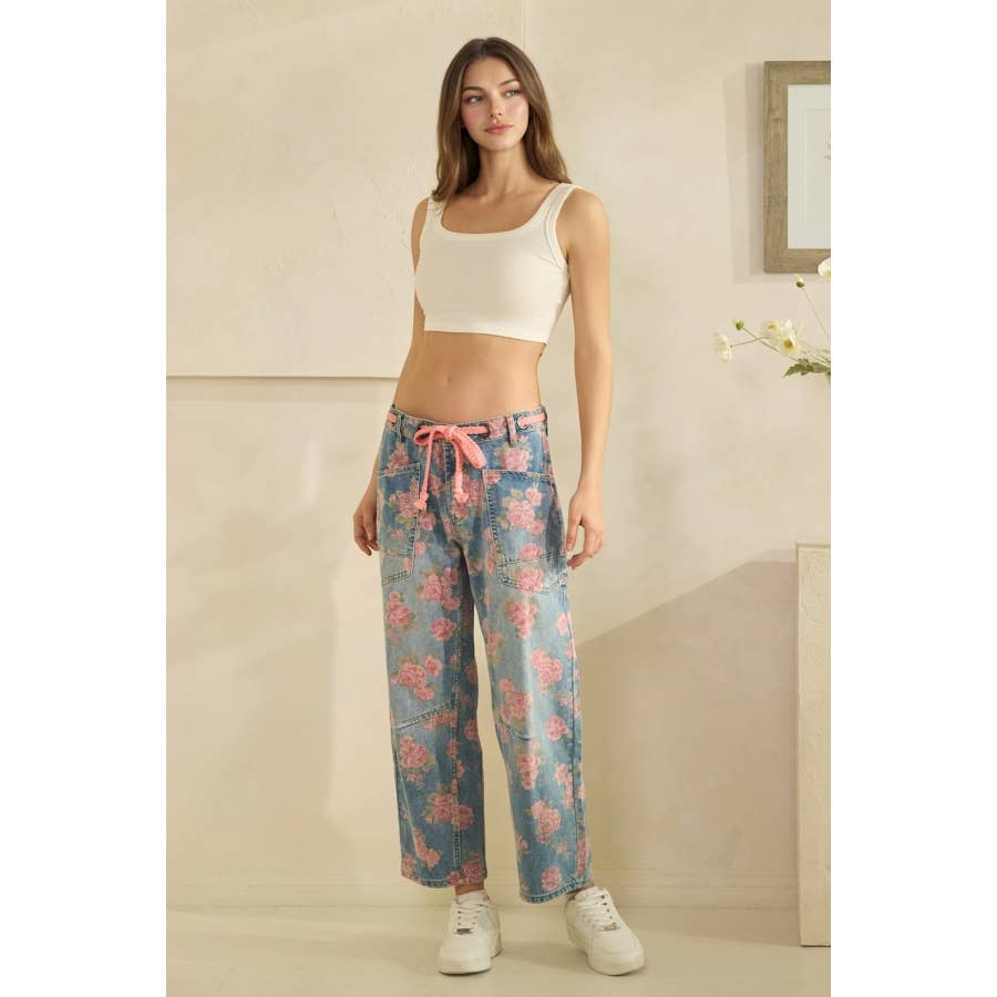 Washed Denim Floral Print Barrel Jeans
