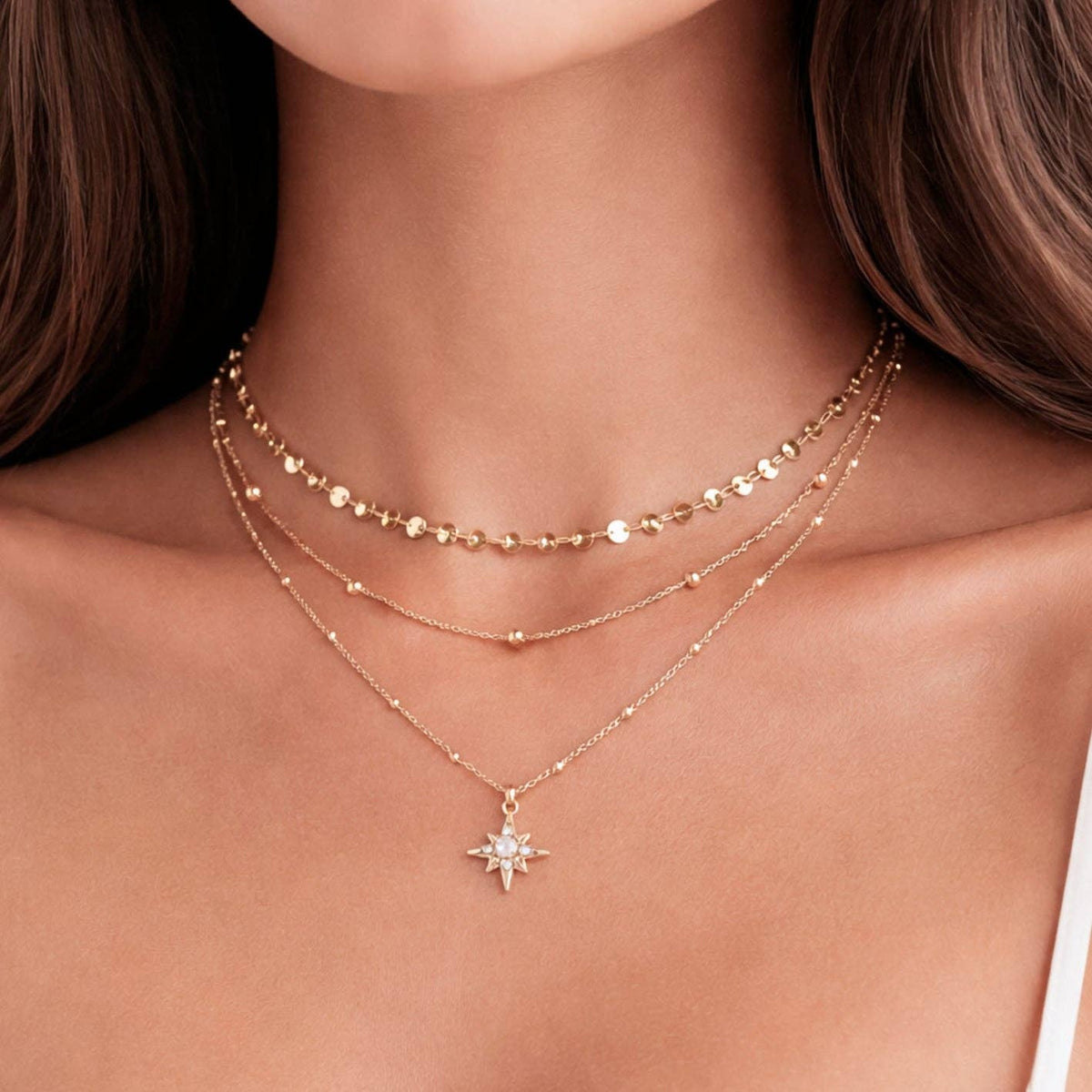 18K Gold PVD Plated Stainless Steel Celestial Layered Necklace – 8023: S0OX3T8023