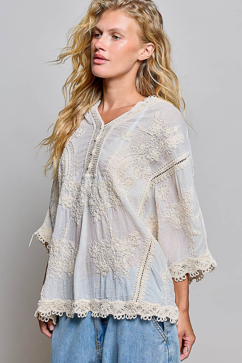 Floral Embroidered Crochet V-Neck Top
