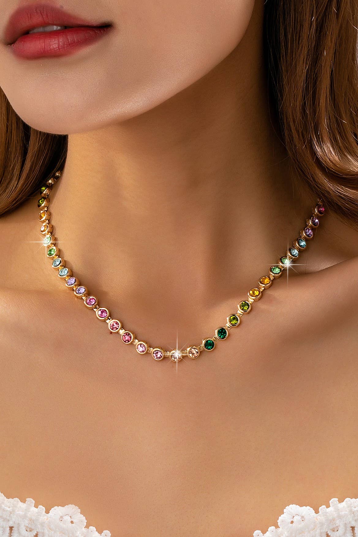 Rainbow Bezel-Set Gemstone Tennis Necklace | 80N92827: Gold