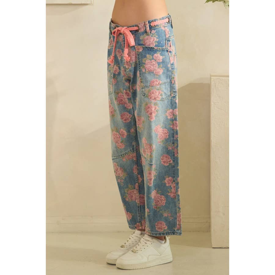 Washed Denim Floral Print Barrel Jeans