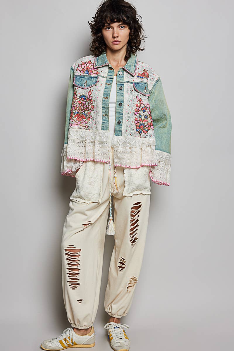 Boho Embroidered Denim Lace Jacket