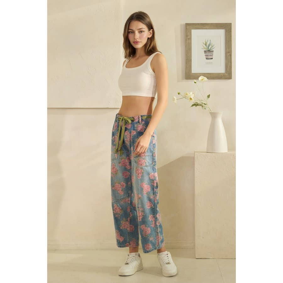 Washed Denim Floral Print Barrel Jeans