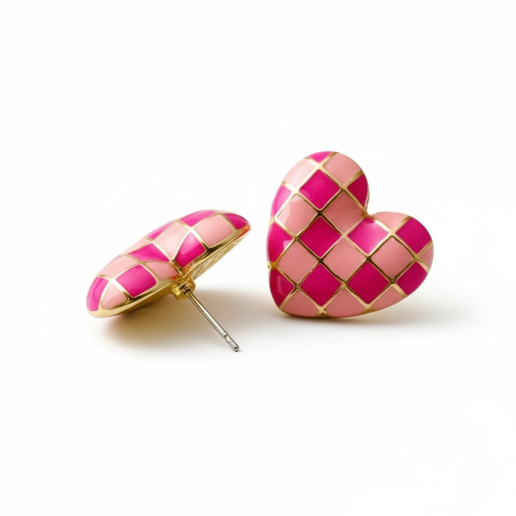 Checkered Enamel Heart Stud Earrings