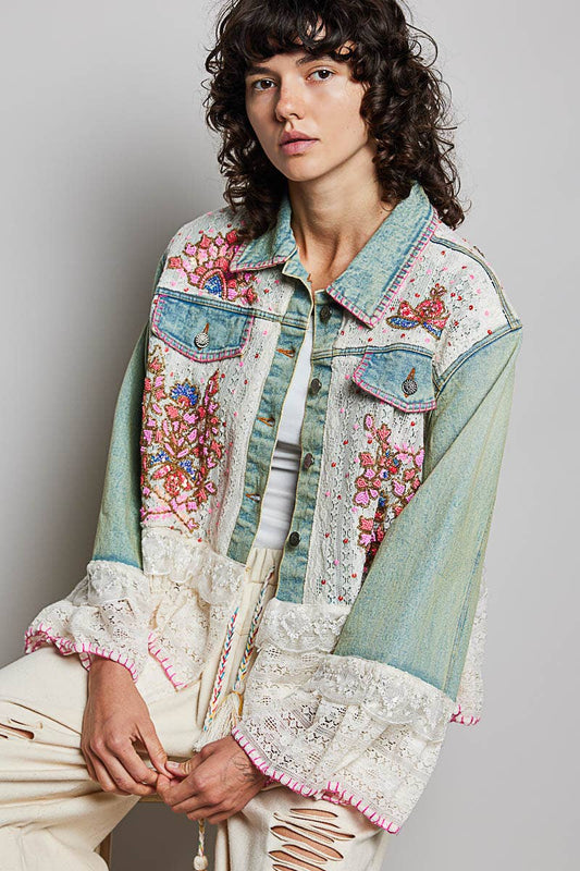 Boho Embroidered Denim Lace Jacket