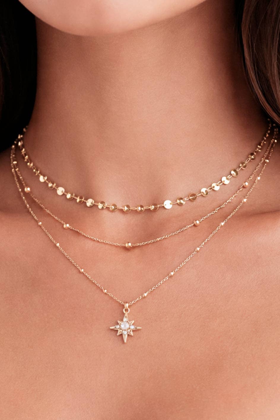 18K Gold PVD Plated Stainless Steel Celestial Layered Necklace – 8023: S0OX3T8023