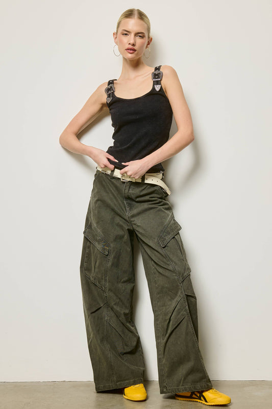 Wide Leg Twill Cargo Pants / Jasper