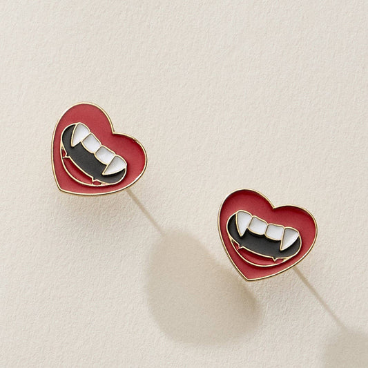 Heart Stud Earrings with Vampire Fangs