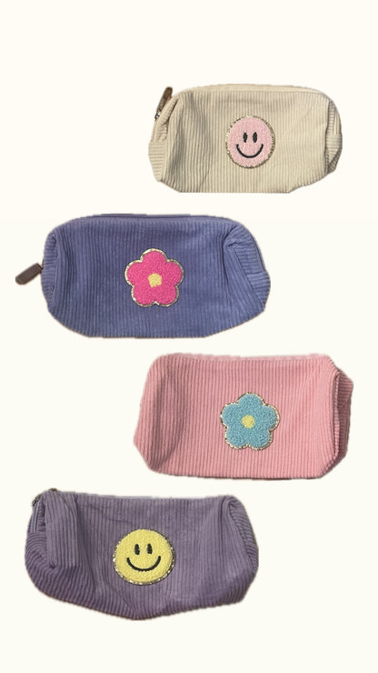 Small Corduroy Pouch - Pink Smiley Face