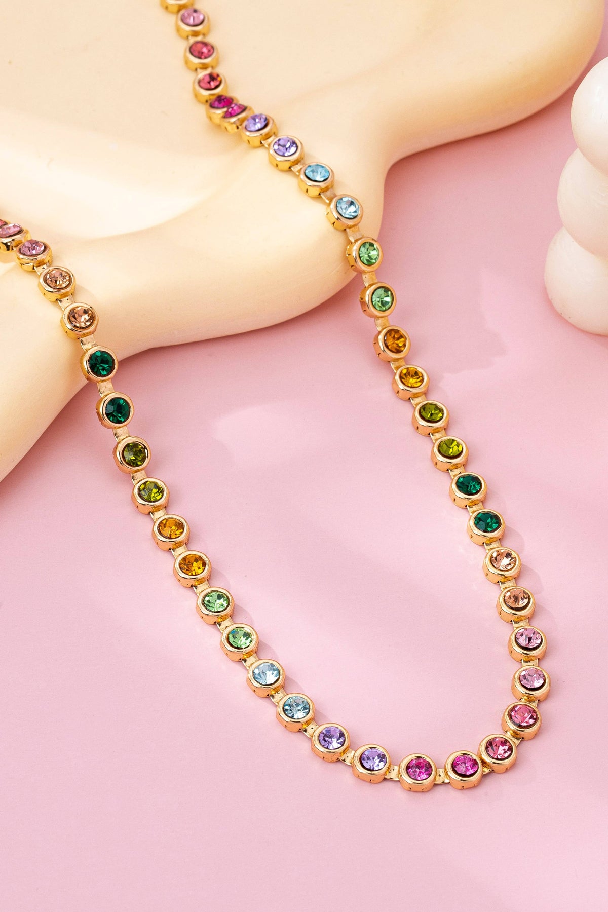 Rainbow Bezel-Set Gemstone Tennis Necklace | 80N92827: Gold