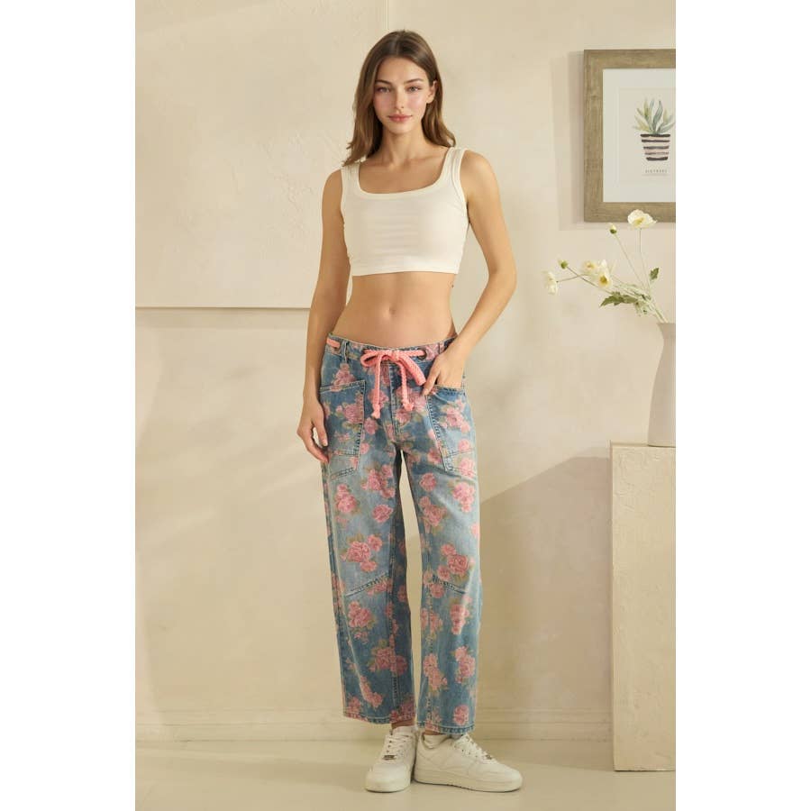 Washed Denim Floral Print Barrel Jeans