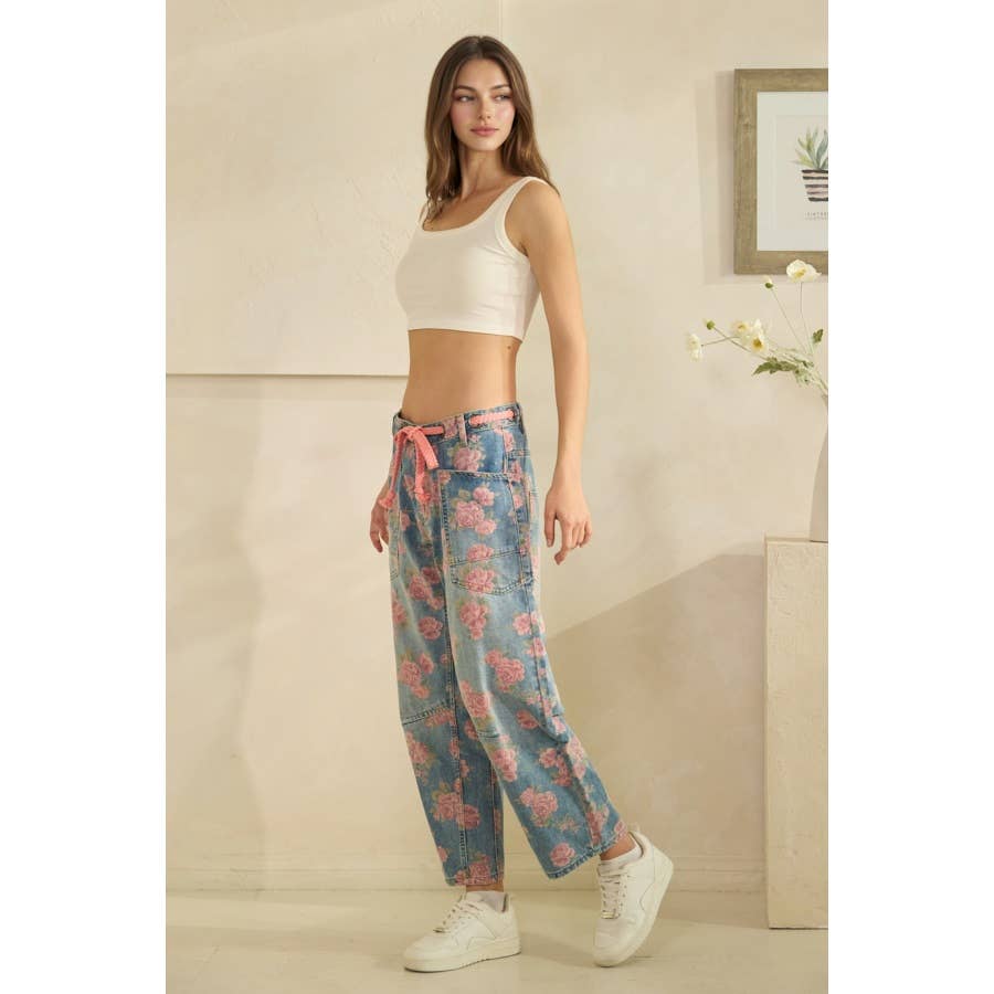 Washed Denim Floral Print Barrel Jeans