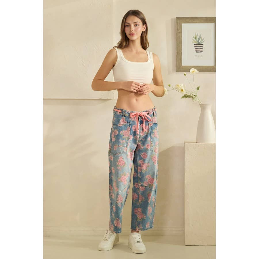 Washed Denim Floral Print Barrel Jeans