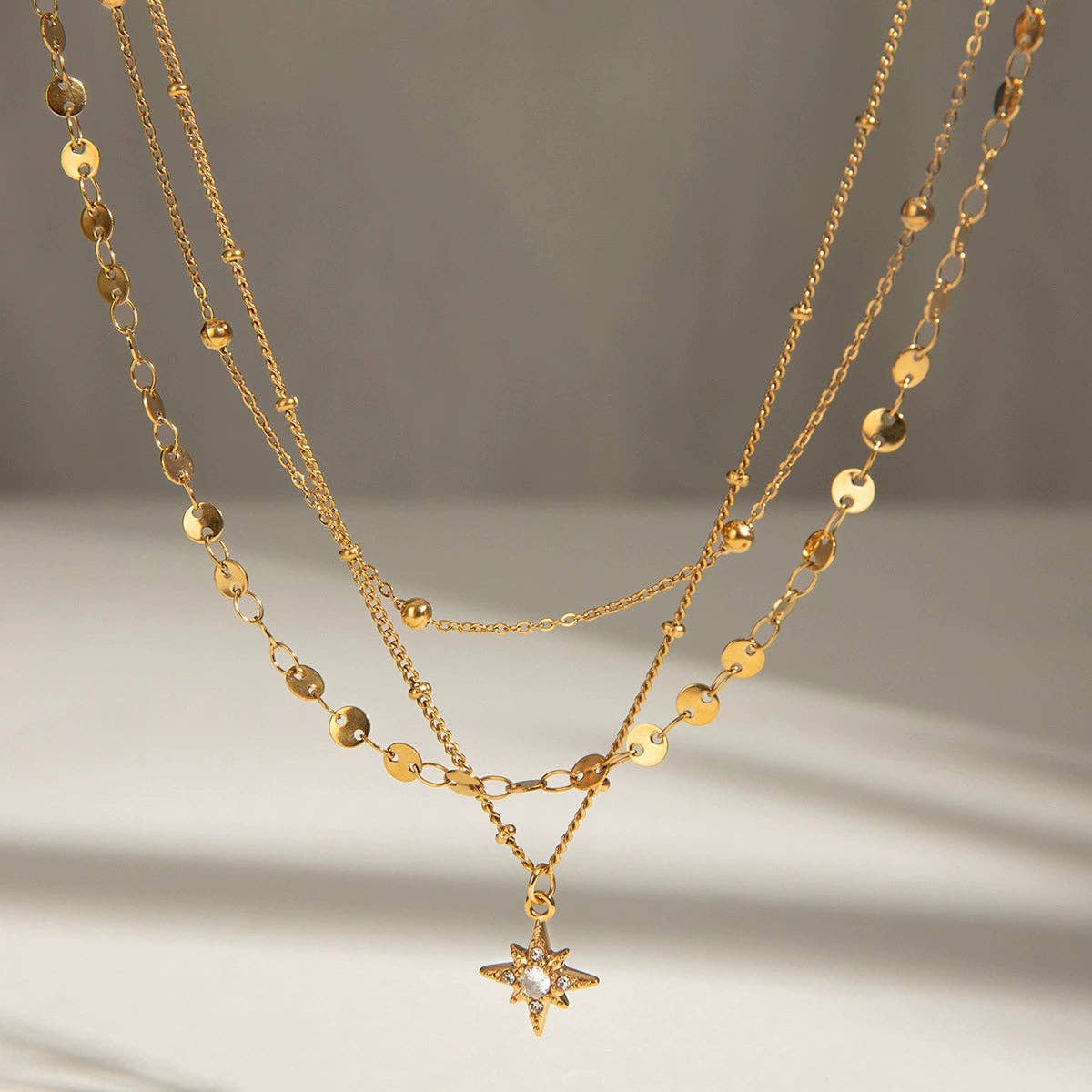 18K Gold PVD Plated Stainless Steel Celestial Layered Necklace – 8023: S0OX3T8023