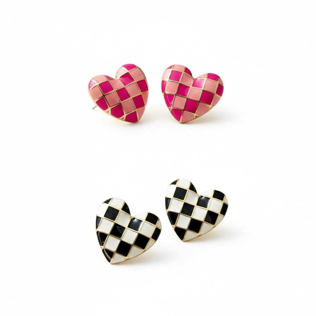 Checkered Enamel Heart Stud Earrings