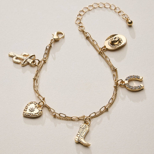 Silver Western Charm Bracelet – Cowboy Boot, Hat, Horseshoe, Cactus and Heart Charms