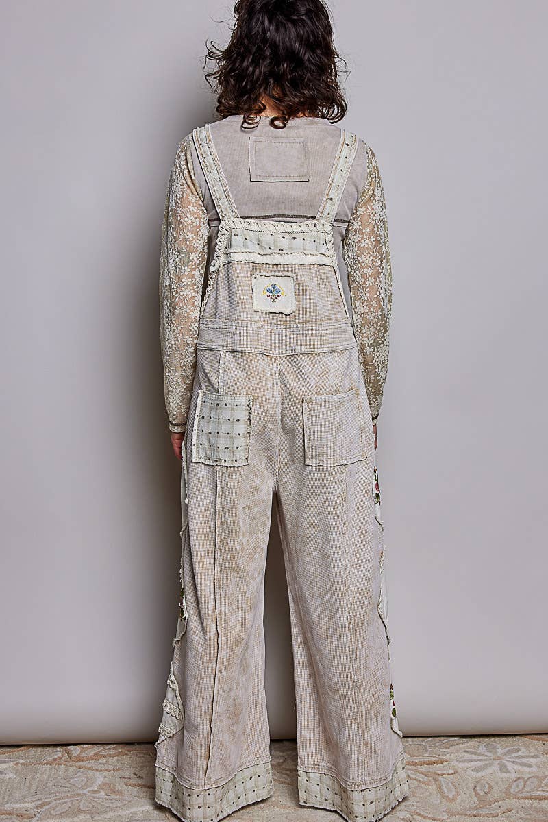 Vintage Embroidered Patchwork Lace Trim Utility Jumpsuit