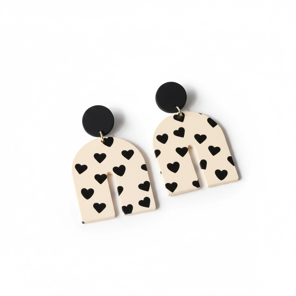 Black + Beige Heart Polymer Half Arch Drop Earrings